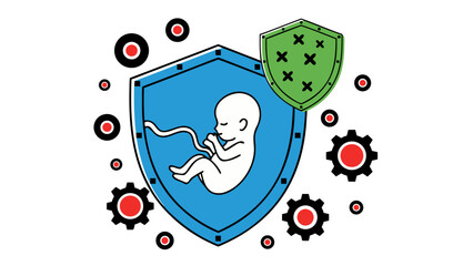 Stylized illustration of a fetus inside a blue shield with a green shield overhead symbolizing protection and health against red circular elements on a black background