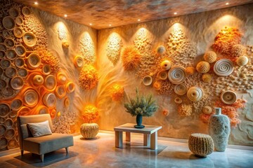Serene Interior Design Featuring a Textured Wall Sculpture with Organic Forms and Subtle Lighting, Accentuated by Elegant Seating and Decor