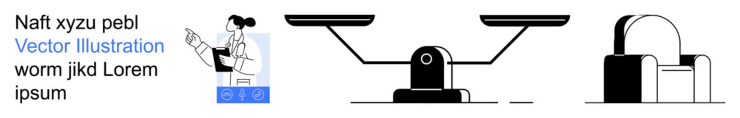 Business strategy, fairness, legal concepts, construction aesthetics, professional identity, modern design. Woman pointing, balanced scales and building structure. Fairness and business strategy