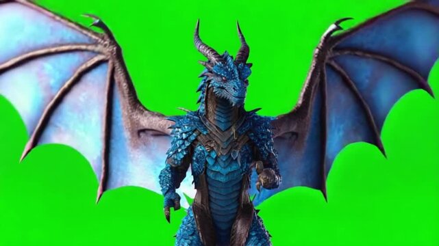 A blue dragon with large wings standing against a bright green screen background looking forward dragon green screen video