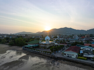 Aerial view sunset or sunrise over mountains nature background