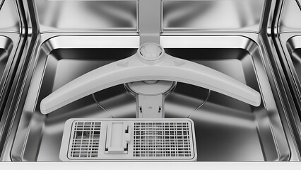 Close up of a dishwasher spray arm and filter inside a clean stainless steel tub.