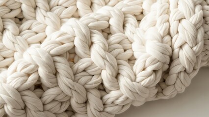 Close-up of a cozy, chunky knit blanket in a light, neutral color, showcasing its intricate texture and warmth.
