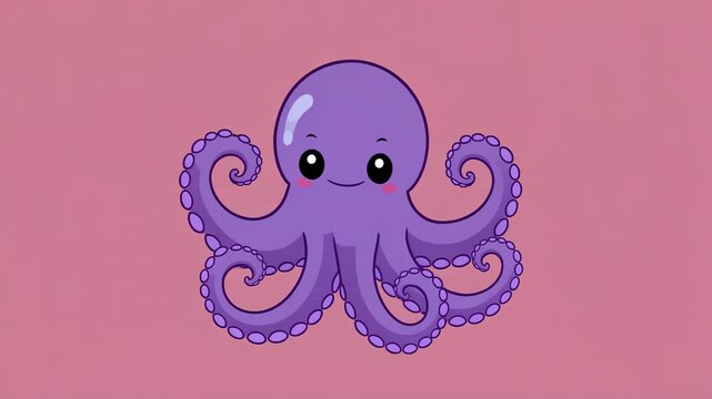 A cute cartoon purple octopus with big eyes and a happy smile on a solid pink background.
