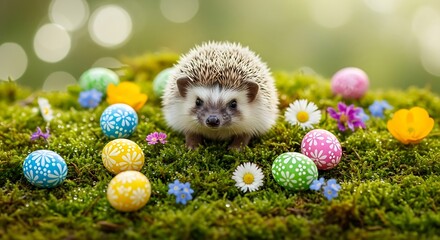 Hedgehog's Easter Adventure: A charming hedgehog basks in the sun amidst vibrant Easter eggs and blooming wildflowers, embodying the essence of spring's renewal and joyful celebrations.