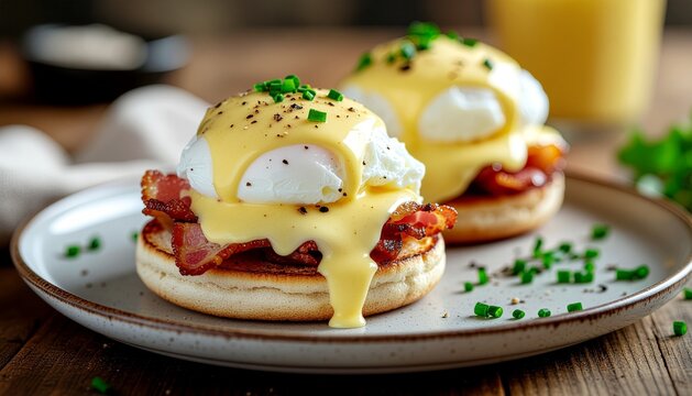 A gourmet-style egg benedict featuring soft-poached eggs, rich hollandaise sauce, and crispy bacon layered on toasted English muffins
