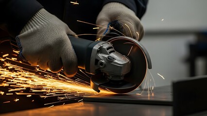 Close-up of a worker using an angle grinder with sparks flying.