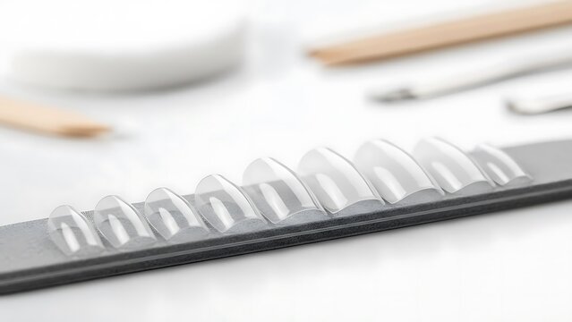Close-up of artificial nail tips on a nail file.
