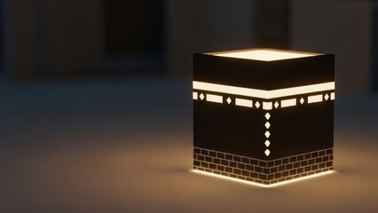 Illuminated kaaba model with intricate geometric patterns for islamic religious themes.