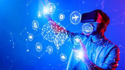 A young man in a virtual reality headset engages with a vivid digital environment, illustrating the potential of technology in innovative experiences and networked interactions. Raster
