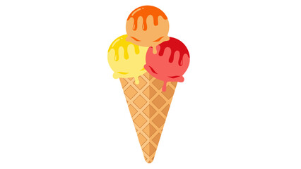 Three scoops of colorful ice cream in a waffle cone with fruit topping on a black background sweet dessert food