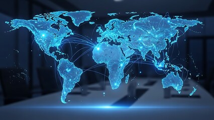 Global network connections visualized on a glowing world map in a conference room