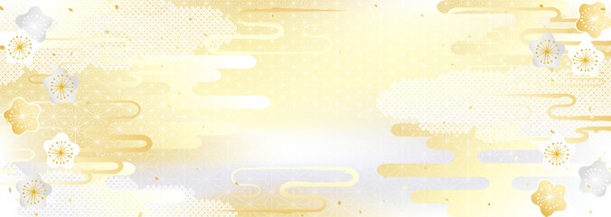 金銀の梅の花と日本のいろいろな伝統模様を組み合わせた華やかな背景イラスト