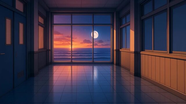An empty school hallway at dusk, with soft orange light casting long shadows across the shiny floor as a large window at the end reveals a tranquil ocean horizon, glowing sunset clouds, and a bright f