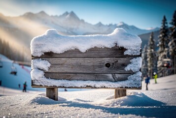 Blank wooden sign covered with fresh snow standing on a ski slope with mountain landscape in background, for winter or Christmas theme.