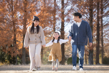 Fototapeta premium 秋の公園で遊ぶ家族 お出かけやレジャーのイメージの手を繋ぐ