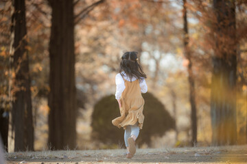 秋の紅葉の公園を元気に走る女の子の笑顔・無邪気さを捉えた明るい子ども 顔無しの後ろ姿