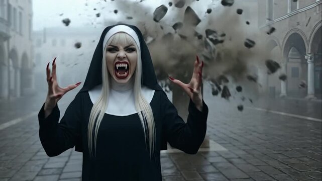 Vampire Nun Morana Destroys Statue with Aggressive Gesture - Full Explosion on Foggy Marketplace