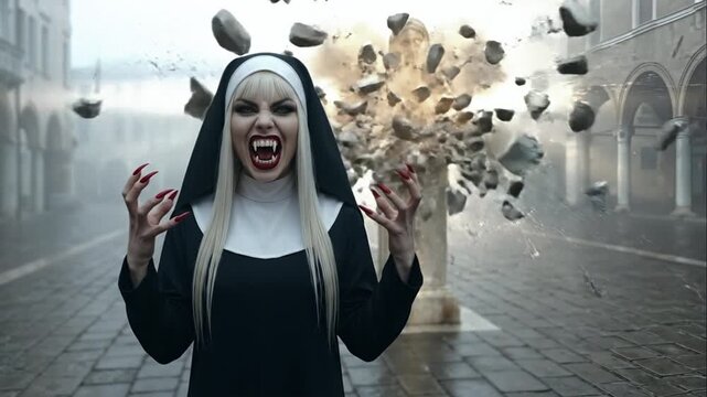 Vampire Nun Morana Gesture Causes Partial Statue Explosion on Foggy Italian Piazza
