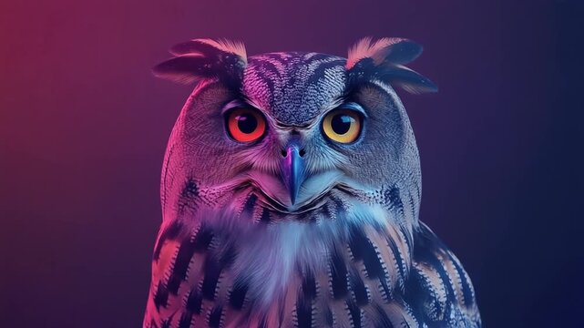 ネオングラデーションに浮かぶフクロウが知性と好奇心を象徴する幻想的ポートレート