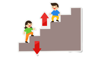 Two cartoon people climbing stairs with red arrows indicating upward and downward movement on a gray staircase against a black background