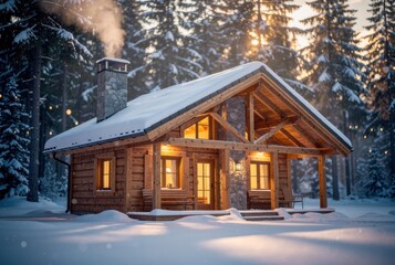 Wooden cabin in snowy forest with smoke coming from chimney. Cozy winter lodge for Christmas or holiday season.