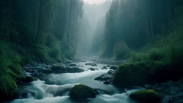 静かな霧の森を流れる穏やかな川が心を癒すシネマティックな情景