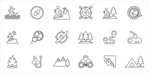adventure icons set. exploration, orientation, journey, binoculars, voyage camping, campfire, climb and more. simple line vector