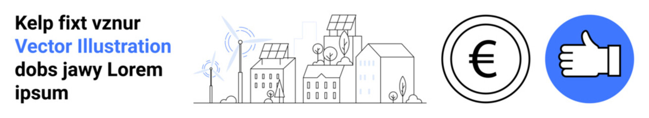 Obraz premium Sustainability, renewable energy, urban planning, eco-friendly initiatives, financial growth, social approval. Cityscape with wind turbines and solar panels. Renewable energy and sustainability