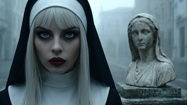 Vampire Nun Morana with White Hair Walking on Foggy Italian Marketplace Revealing Fangs - Statue Turns Head