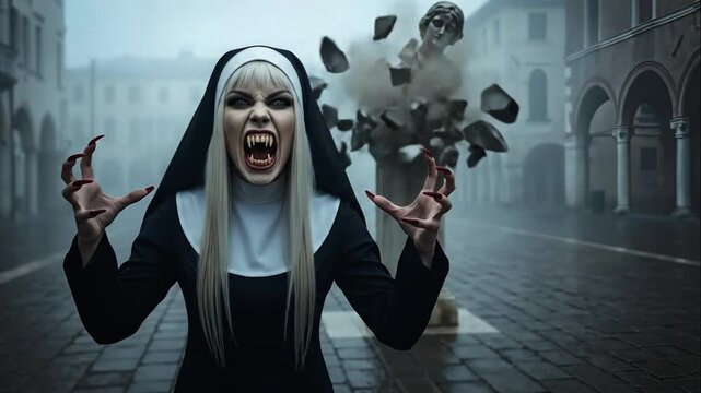 Scariest Vampire Nun Morana with Monster Fangs and Aggressive Gesture Causing Statue Explosion