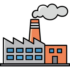 Industrial Factory Building Emitting Smoke From Chimney With Multiple Windows And Two Attached Structures In Orange And Gray Colors On A Gray Surface