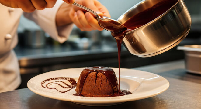 Professional chef garnishing a rich chocolate dessert - Powered by Adobe