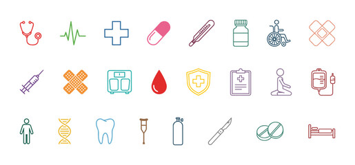 Comprehensive set of medical and healthcare line icons featuring stethoscope medicine and hospital equipment signs