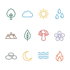 Simple nature and outdoor elements line icons including tree sun rain cloud and fire for environmental design projects