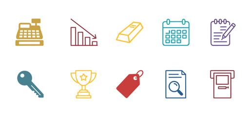 Business and finance line icons set including cash register chart gold bar and calendar for commercial concepts