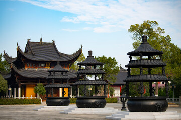 Traditional Chinese architecture and exquisite incense burner landscape