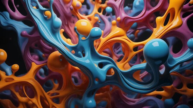Vibrant abstract composition of glossy, interconnected fluid shapes in blue, orange, pink, and purple, creating a dynamic and intricate pattern.