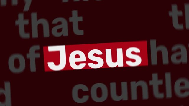 Jesus Text Highlight Animation. featuring the word Jesus highlighted in red over blurred background text. Ideal for worship visuals, sermons, church media, and inspirational video projects.