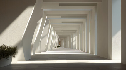 Cloud Dancer Abstract architectural corridor with strong linear perspective and dramatic light creating angular shadows. colour of the year 2026