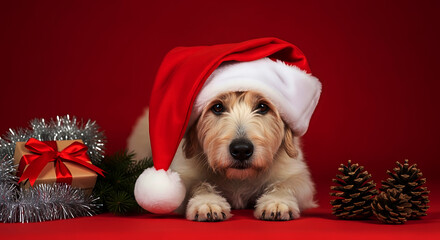Cute dog wearing Santa hat with Christmas decorations and gift puppy