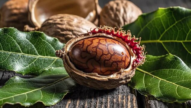 Close-up of a nutmeg seed with mace and green leaves on a rustic wooden surface.