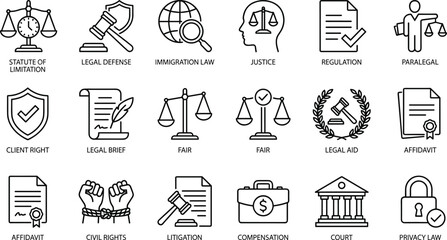 Legal law icon set for justice system, regulation, litigation, civil rights, court services, legal aid, client rights, privacy law, and compensation icons
