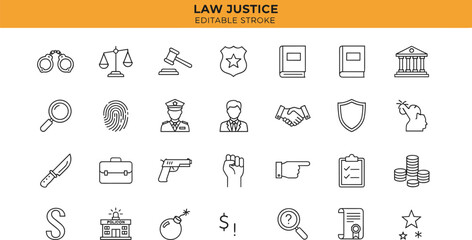 Law justice icons set, legal symbols collection, court and police outline illustrations, crime prevention graphics, editable stroke line art design pack