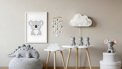 Cute Koala Nursery Decor with Dinosaur and Cloud Lamp.