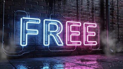 Electric neon 'FREE' sign illuminating a dark brick wall with dynamic lightning bolts and vapor for a powerful marketing or freedom concept