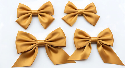 Four golden satin bows arranged on a white background ribbon