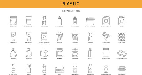 Comprehensive plastic packaging line icons collection including bottles, containers, bags, wraps, bins, reusable items, manufacturing symbols, editable stroke design set