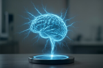 AI generated holographic neural surge representing brain energy in a sleek, modern lab setting. Blue electric tendrils illuminate the platform with advanced technology in the background.