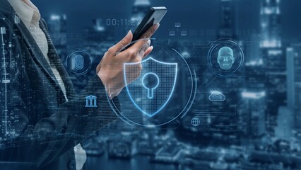 Cyber security interface with biometric and AI-powered protection system. Cyber security secures...